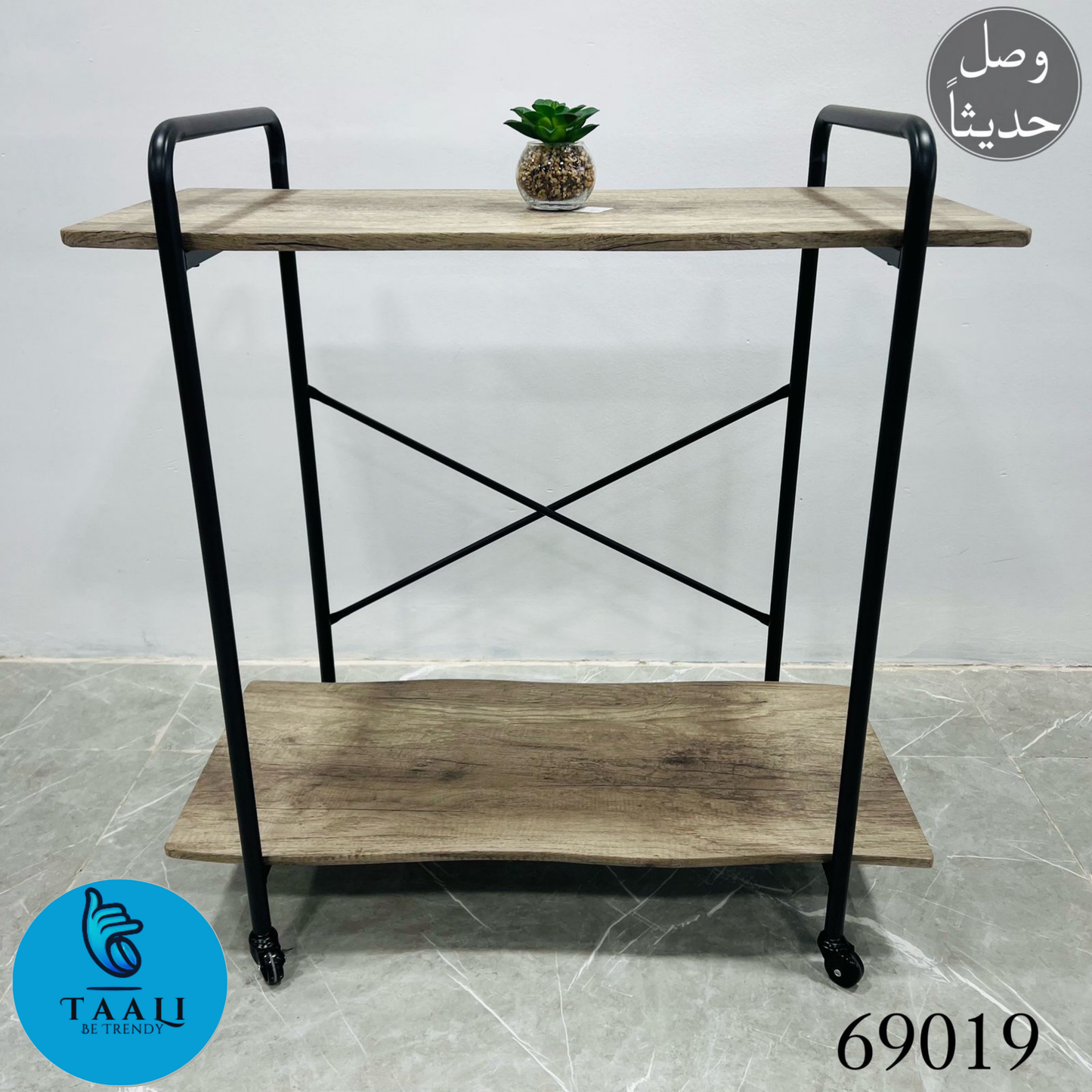 Two-Tier Wooden Shelf with Metal Frame and Wheels in three color