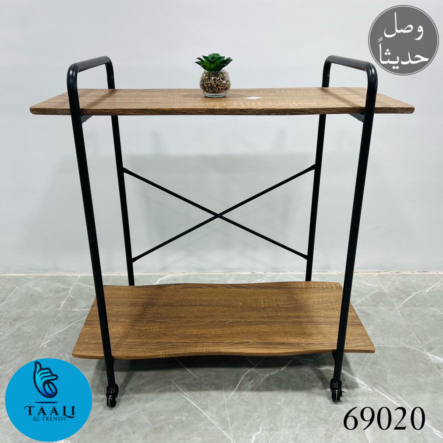 Two-Tier Wooden Shelf with Metal Frame and Wheels in three color