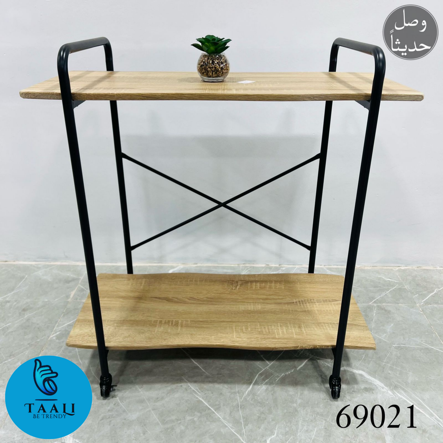 Two-Tier Wooden Shelf with Metal Frame and Wheels in three color