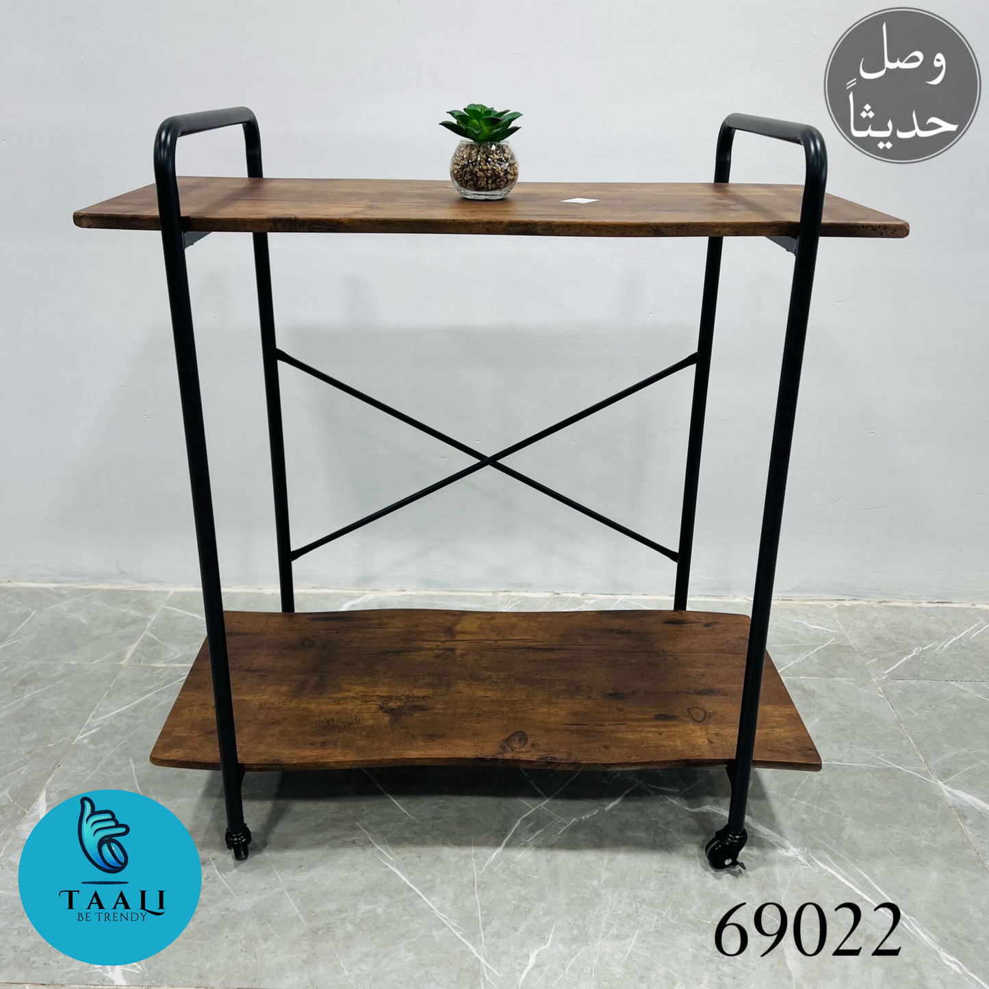 Two-Tier Wooden Shelf with Metal Frame and Wheels in three color