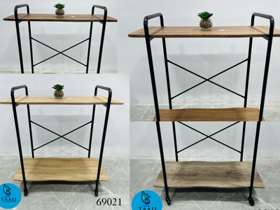 Two-Tier Wooden Shelf with Metal Frame and Wheels in three color