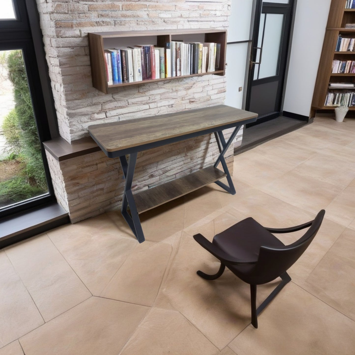 Modern Wooden Console Table with Metal X-Frame