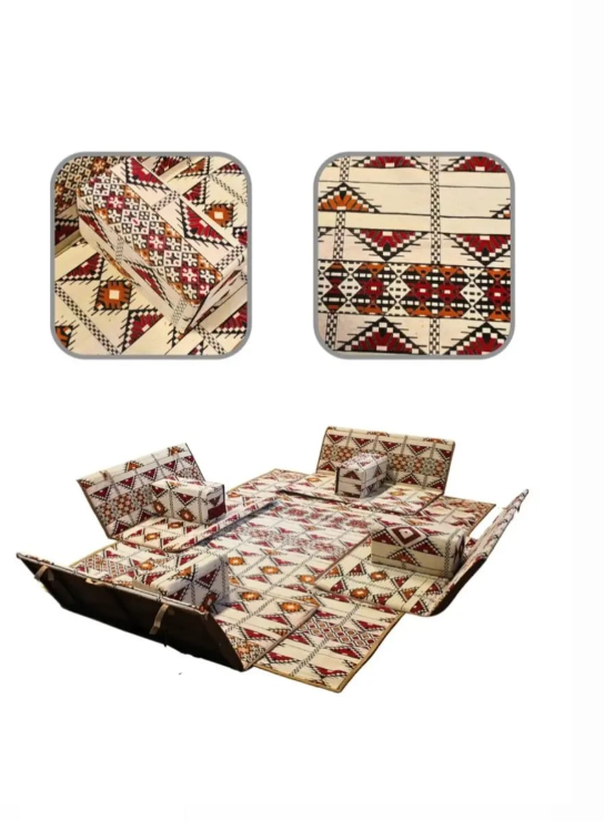 Luxury 9Pcs Traditional Arabic Majlis Set for Camping Outdoor Graden 4 Armrest 4 Floor Ground Chair for 2 Person 3X2 Meter Camping Mat